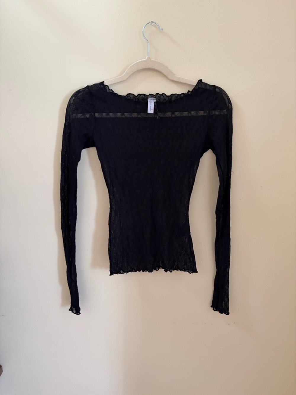 urban outfitters black lace lettuce hem long sleeve boat neck top